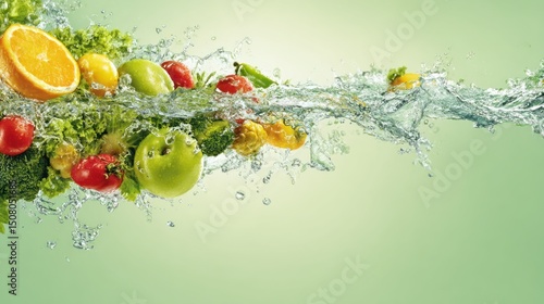 Fototapeta Naklejka Na Ścianę i Meble -  Fresh fruits and vegetables splash in water against a light green background.