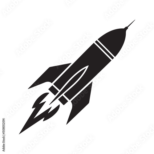 Guided missile weapon or ballistic rocket weapon with booster flat vector icon for apps and websites. Vector black silhouette. with white background
