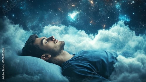 Man Dreaming in Cosmic Clouds Under Night Sky
