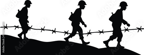 Three soldiers' silhouette progresses through barb wire and rocky terrain, symbolizing war and conflict