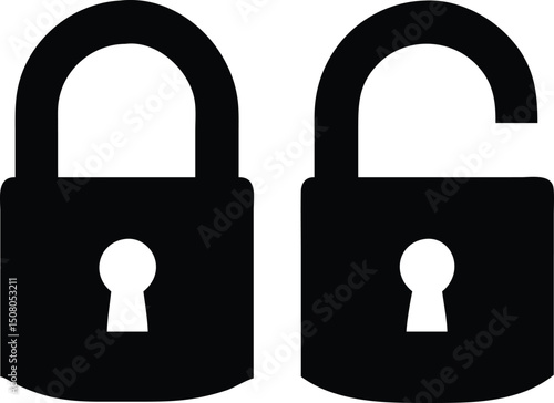 Two black padlocks in different states symbolize secure and open access on white background