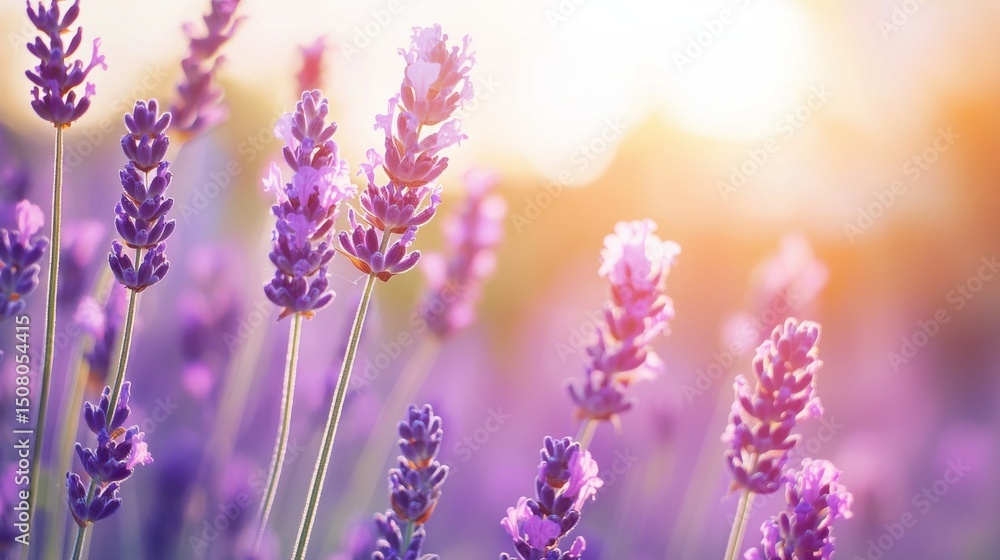 Naklejka premium A lush vibrant field of fragrant purple lavender flowers stretching out under the warm golden light of the setting sun creating a serene and tranquil pastoral scene