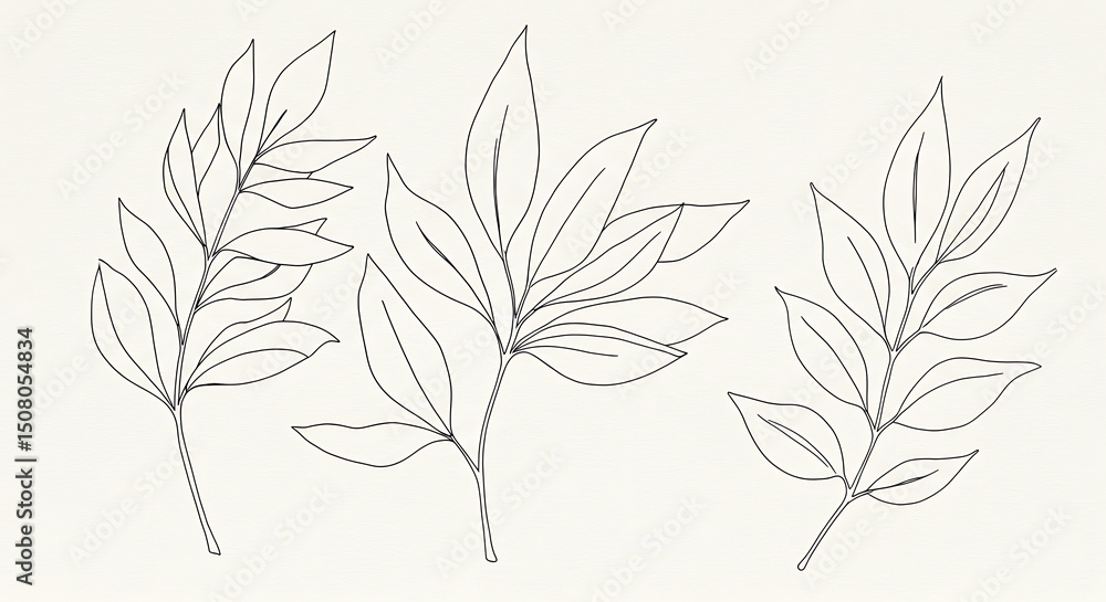 Naklejka premium Elegant Line Art Botanical Illustrations Three Minimalist Leaf Branches Nature Drawing Simple