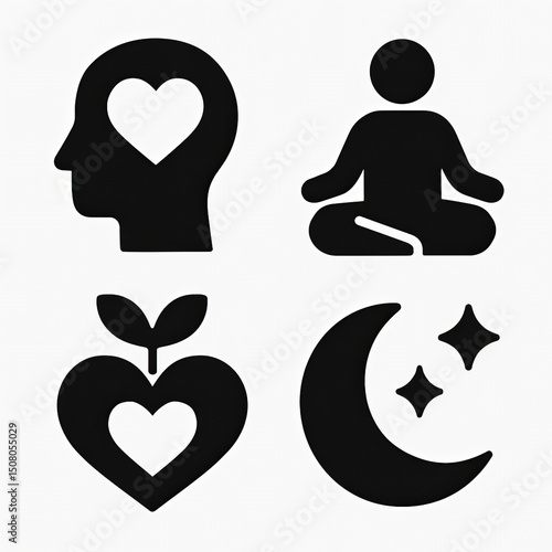 Wellness and Mindfulness Icons Set: Mind with Heart, Meditating Person, Heart with Sprout, Moon with Stars in Black Silhouette
