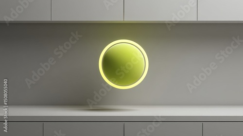 A modern, illuminated circular object hovering against a minimalist background.