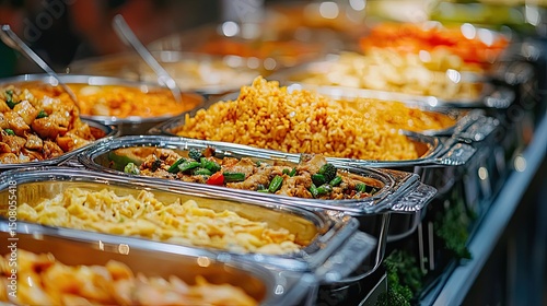 A buffet line featuring various dishes in metal trays including noodles rice and vegetable dishes