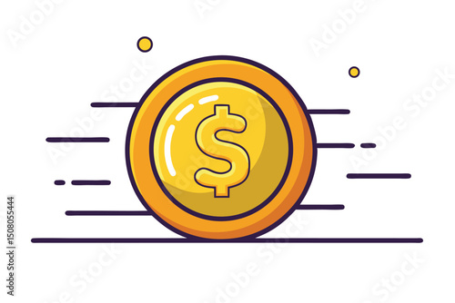 Vibrant golden dollar coin speeds ahead, symbolizing growth and financial movement on white