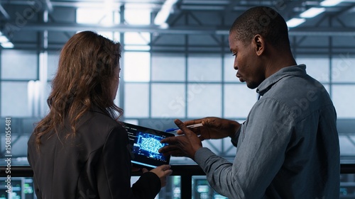 Schilderij op canvas Data center system administrators using artificial intelligence neural networks tech on tablet