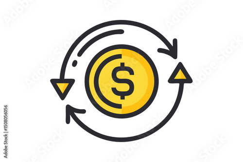 Yellow dollar coin icon is circulating in a black arrow direction