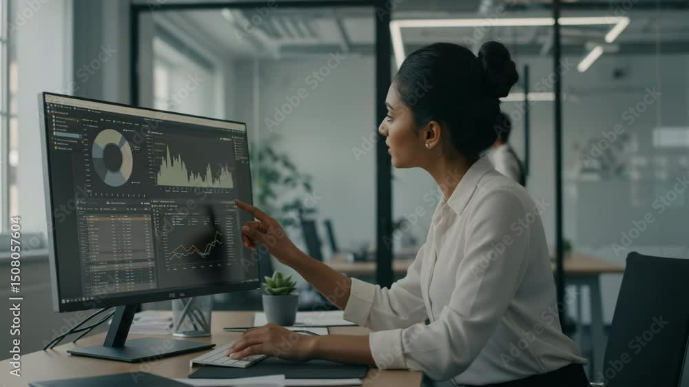 Businesswoman analyzing data on large monitor