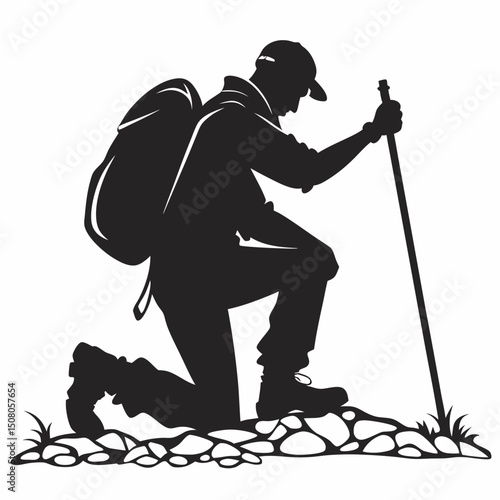 black silhouette of a hiker resting on one knee with one hand holding a trekking pole