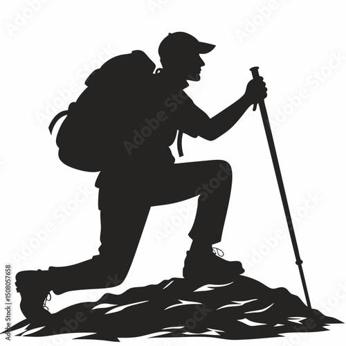 black silhouette of a hiker resting on one knee with one hand holding a trekking pole