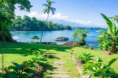 Tranquil tropical landscape with ocean view, clear sky and palm leaves