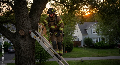 Firefighter Rescuing Orange Cat From Tree Using Silver Ladder During Sunset at Residential Area