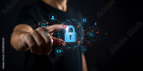 A person touching a digital padlock surrounded by icons on a dark background for cybersecurity