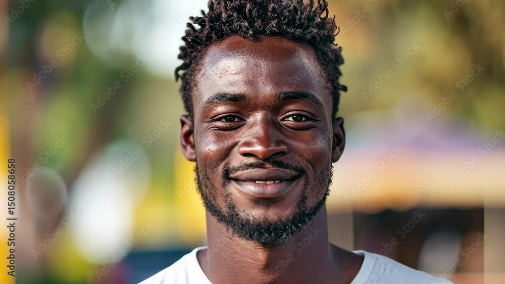 Joyful young african man smiling warmly outdoors under natural light, Handsome happy positive young african man looking at camera while standing by street outdoors Joyful young african man smiling warmly outdoors under natural light, Handsome happy positive young african man looking at camera while standing by street outdoors