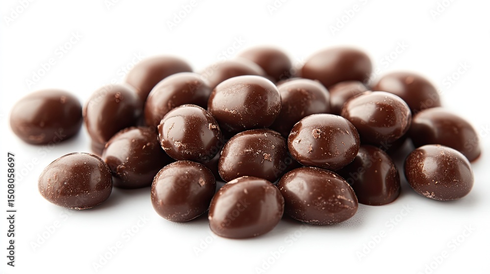 A close up shot of a pile of chocolate covered almonds on a white surface in a studio setting A close up shot of a pile of chocolate covered almonds on a white surface in a studio setting