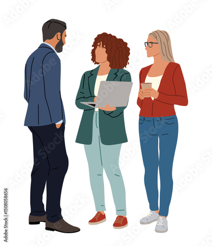 Different business team members standing, talking, communicating, taking part in business activities, meeting, brainstorming, coffee break. Multiracial people vector illustrations isolated.