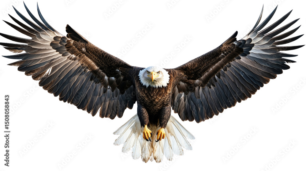 Obraz premium A majestic bald eagle with wings fully extended in flight,Transparent background, PNG file