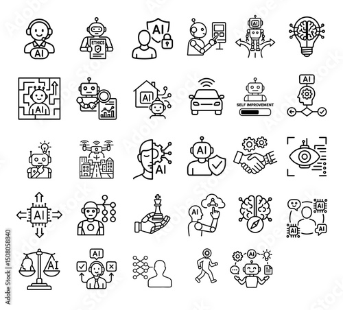 Agentic ai icon set with ethical robot handshake brain and technology concept line art
