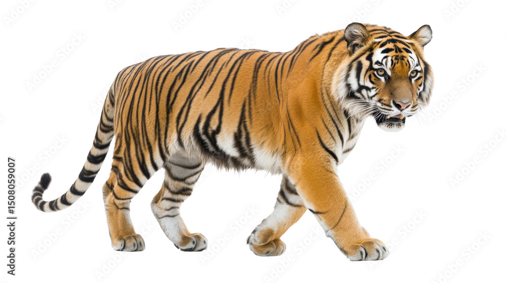 Obraz premium A majestic tiger walking cautiously with its muscles rippling,Transparent background, PNG file