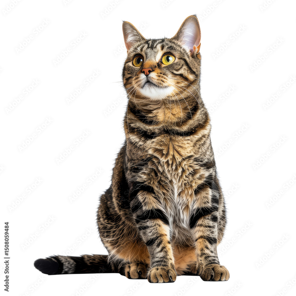 Obraz premium A tabby cat with striking yellow eyes sits upright, displaying alertness and detailed fur patterns