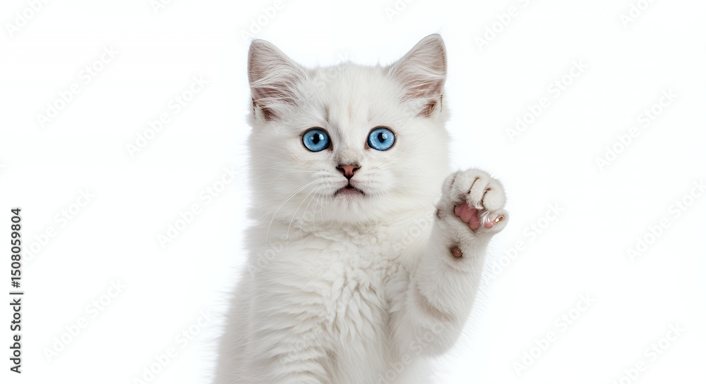 Fototapeta premium Charming White Kitten with Blue Eyes Waving Paw on White Background Adorable Fluffy Feline with Playful Gesture Studio Shot Perfect for Childrens Projects