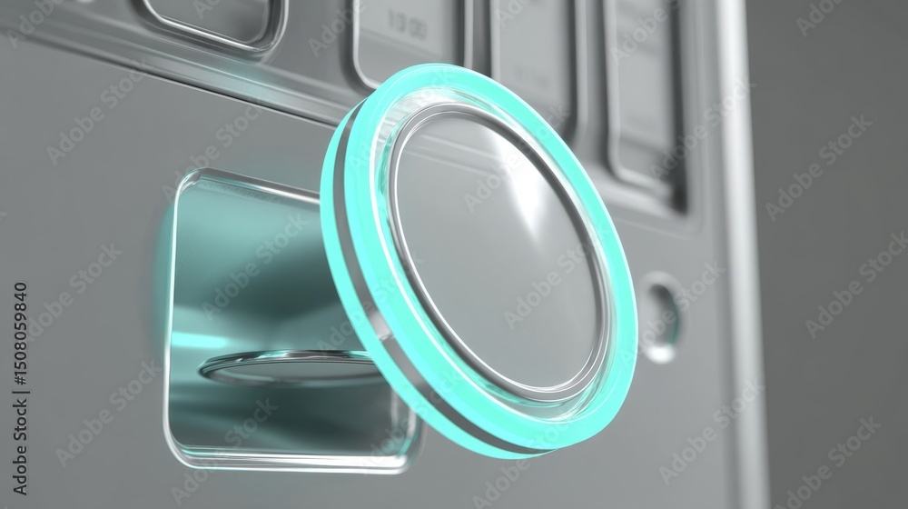 Fototapeta premium Close-up of a modern, illuminated button on a high-tech device, highlighting sleek design.