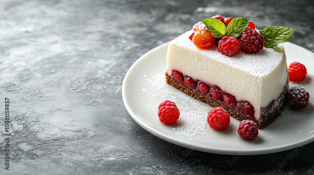 A slice of cheesecake with raspberries and mint leaves on a white plate against gray background A slice of cheesecake with raspberries and mint leaves on a white plate against gray background