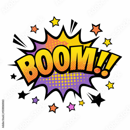 Comic book style explosion graphic with the word "BOOM!!" and stars, vector image   
