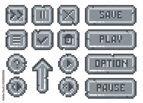 Stone pixel buttons. Retro game asset, 8 bit graphic elements, interactive navigation, menu panel, app interface play, pause and save, screen navigation, qualitative vector isolated set