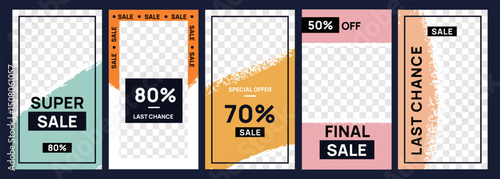 Sale and discount stories templates. Ragged edges textures, frame designs, trendy advertising borders, social media apps, transparent layers, vertical background, flyer garish vector set
