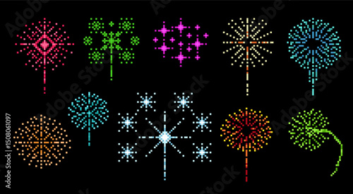 Pixel fireworks. Night sky lights bursting, 8 bit retro design, video game elements, party, carnival, winning symbol, glowing night isolated decorations, pyrotechnic qualitative vector set
