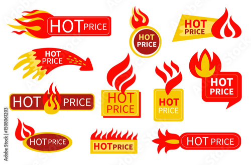 Hot price emblems. Burning sale, discount labels, stylized simple fires and flames, campfire graphic design templates, shopping tag for products and goods minimal isolated splendid vector set