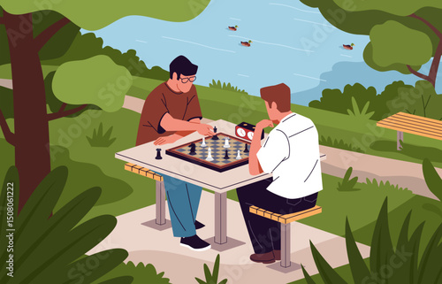 Guys in park playing chess. Outdoor board games, people on shore of pond, walking, relaxing, funny time with friends on nature, competitive battle, cartoon flat nowaday vector concept