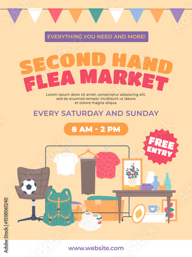 Garage sale. Flea market advertising, vintage items and rarities, antique goods, second hand clothes, retail store invitation poster, buying used things, web banner design classy vector concept