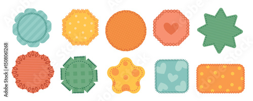 Fabric color patches. Different shapes fabric pieces stitched along perimeter, various stitches, creative textile sewing badges, isolated shapes for decoration and repair garish vector set