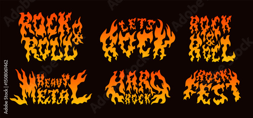 Burning text logos. Flamed inscriptions, decorative fired design text, rock and metal music graphic, bonfire orange letters, fire isolated phrases flammable lettering, tidy vector set