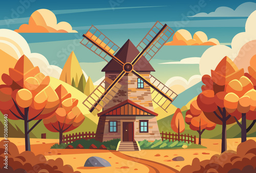 Autumn Landscape with Windmill. A picturesque view of a charming windmill nestled in an autumnal countryside