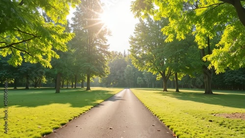 Serene pathway through lush green park at sunrise with sunlight  