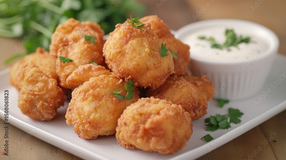 Crispy, golden fried balls with a creamy dipping sauce Crispy, golden fried balls with a creamy dipping sauce