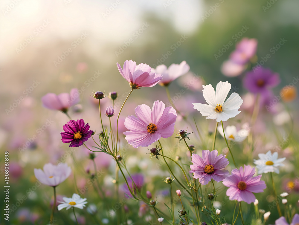 Fototapeta premium Colorful flowers bloom in a vibrant field during daylight in spring