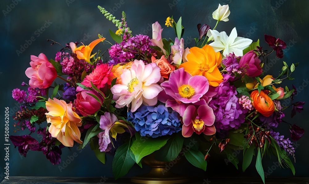 Fototapeta premium A table displays a vase overflowing with a variety of bright, colorful flowers.