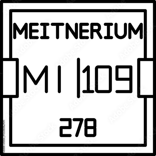 Meitnerium (Mt) vector icon, atomic number 109. A synthetic transactinide named after Lise Meitner, suitable for nuclear science, chemistry education, and detailed atomic structure visuals