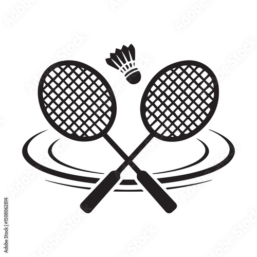 Two badminton racquets or rackets with shuttlecock / birdie line art vector icon for sports apps and websites. Vector black silhouette. with white background