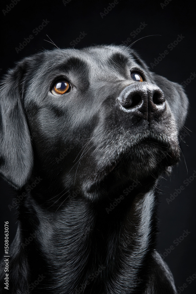 Studio portrait of a black labrador retriever looking up Studio portrait of a black labrador retriever looking up