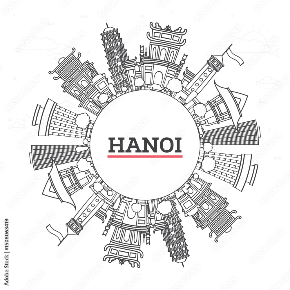 Fototapeta premium Outline Hanoi Vietnam City Skyline with Modern and Historic Buildings Isolated on White. Illustration. Hanoi Cityscape with Landmarks and copy space.