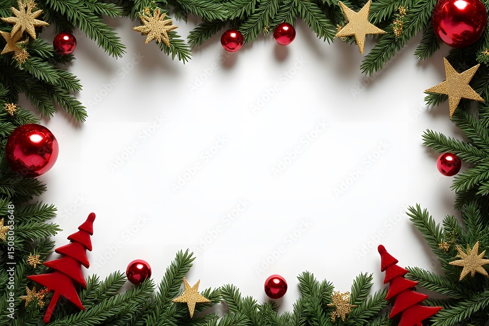 Festive Christmas Frame Red Ornaments, Gold Stars, and Pine Branches Festive Christmas Frame Red Ornaments, Gold Stars, and Pine Branches