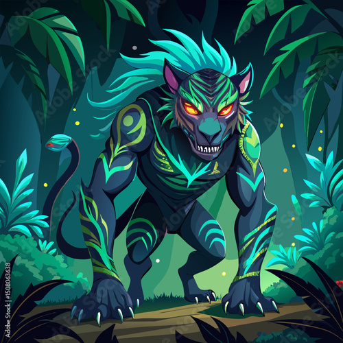 Glowing Jungle Predator. A Fantasy Creature in the Dark Night