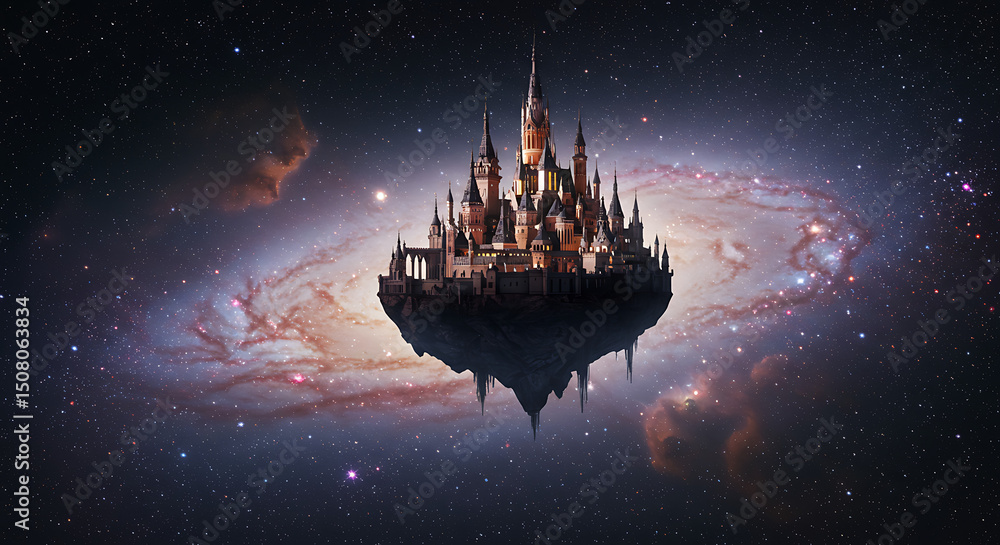 Fototapeta premium Enchanting Fantasy Castle Floating in Space Cosmic Nebula Background Fairytale Kingdom